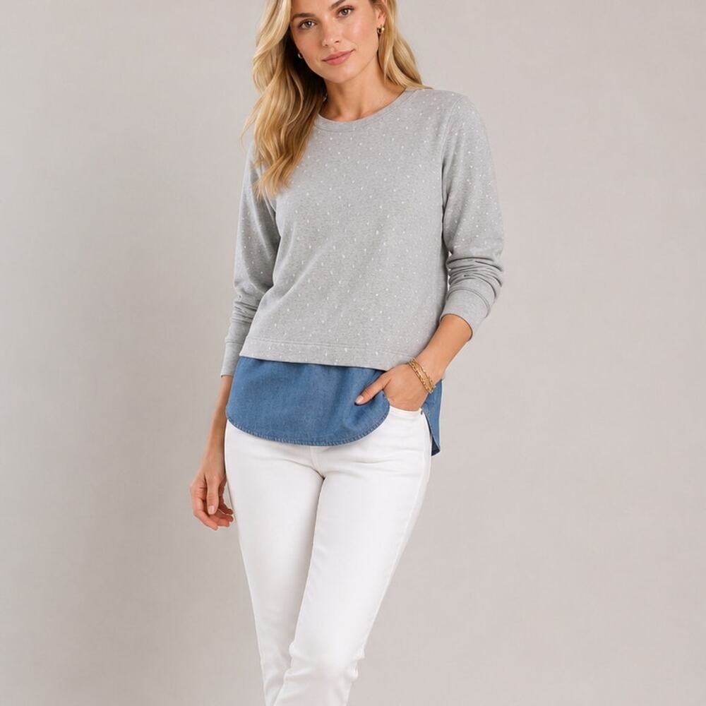 J. Crew Dotted Chambray Gray Sweatshirt XS Preppy Nautical